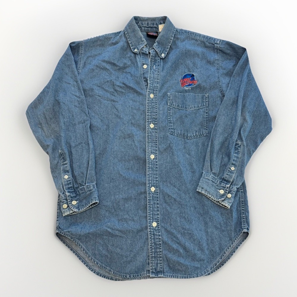 Planet Hollywood Paris Vintage Mens Chambray Blue Denim Button‎ Shirt Large 90s